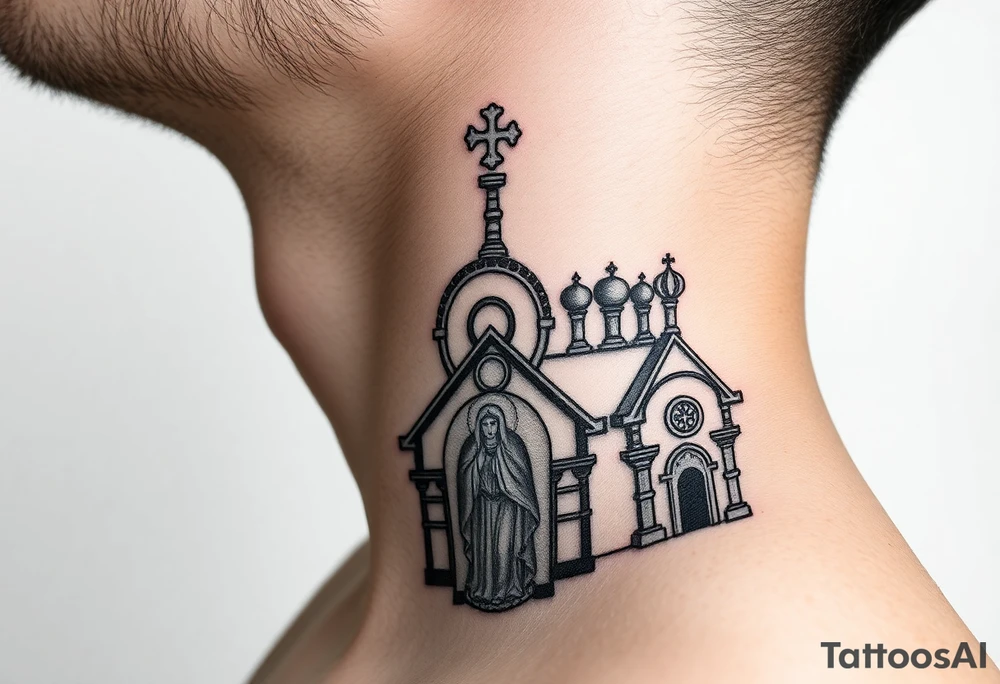 medium traditional russian orthodox church with russian coat arms and virgin mary on the side of your neck tattoo idea