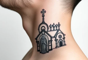 medium traditional russian orthodox church with russian coat arms and virgin mary on the side of your neck tattoo idea