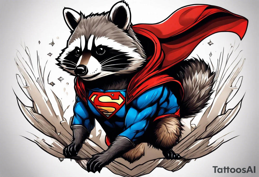 raccoon wearing a Superman hoodie tattoo idea