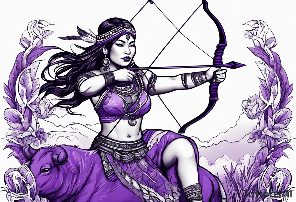 native woman female archer with bead headband sitting on a purple buffalo standing still tattoo idea