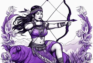native woman female archer with bead headband sitting on a purple buffalo standing still tattoo idea