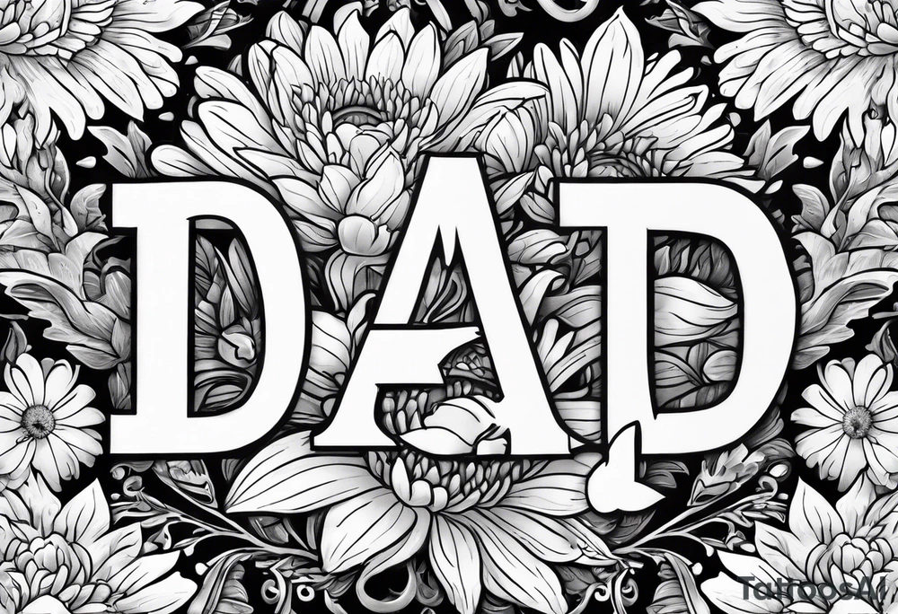 Bouquet of Aster flowers and sea rocket flowers with a cardinal around the words Dad tattoo idea