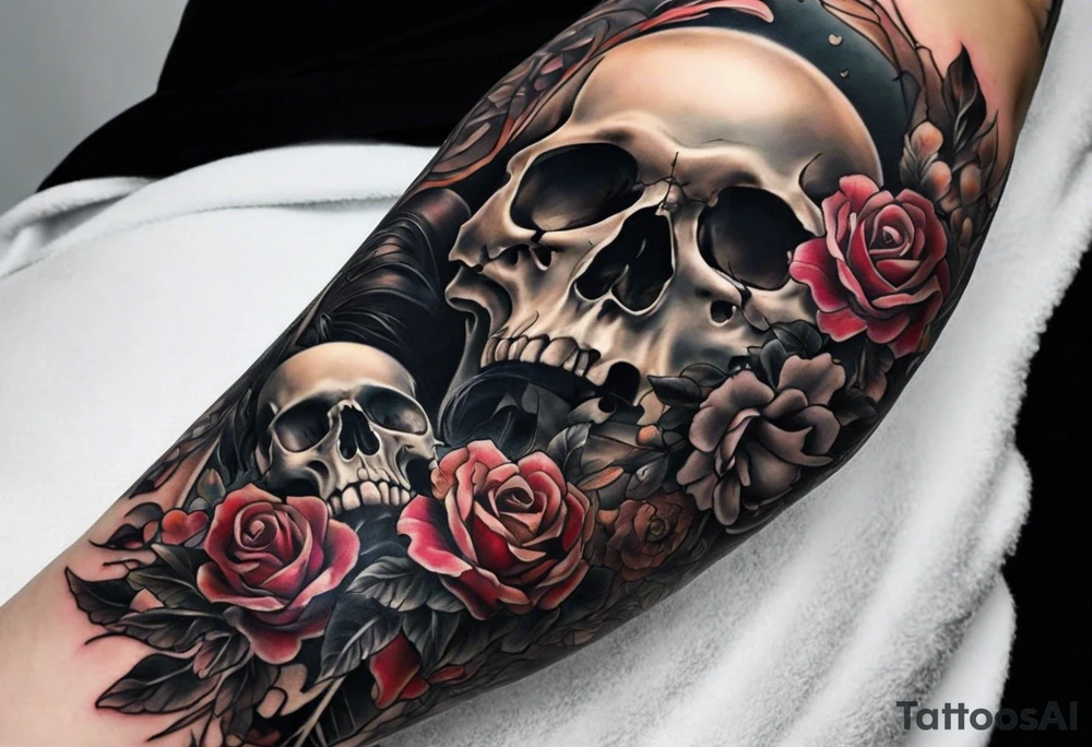 arm sleeve tattoo of bone that fills entire arm from shoulder to fingers symbolizing pain with skulls and dead flowers and more tattoo idea