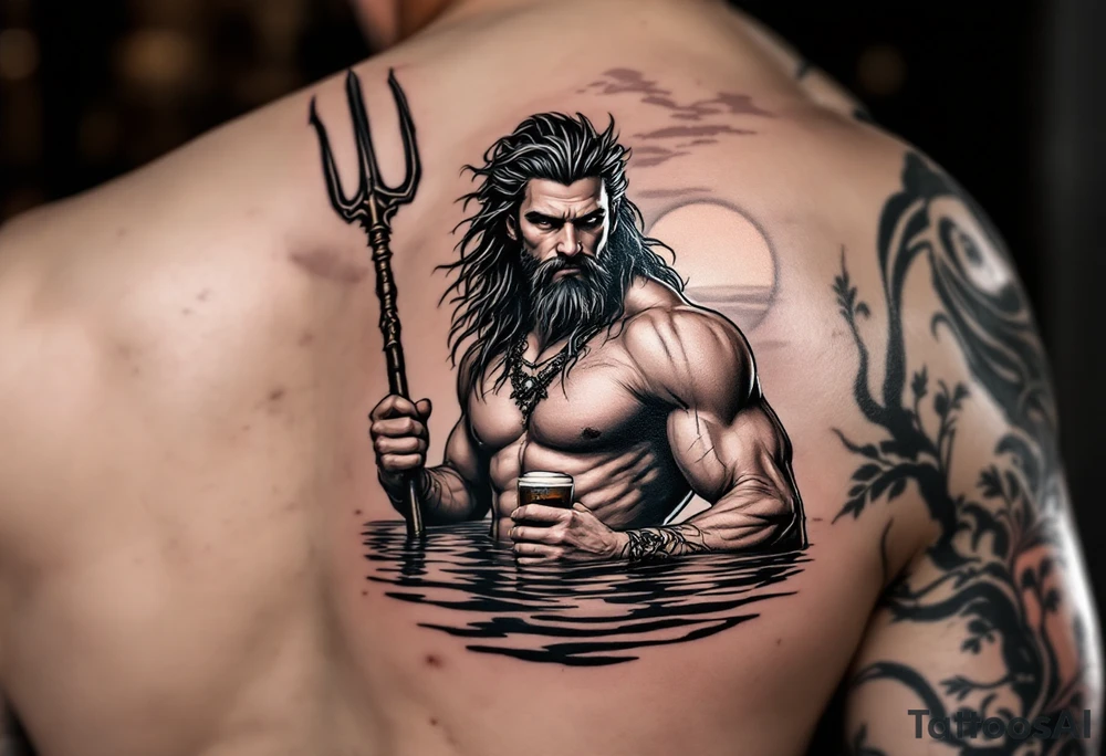 young, fit poseidon in calm water, holding a trident, holding a beer, with sunset tattoo idea