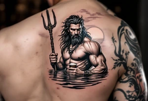 young, fit poseidon in calm water, holding a trident, holding a beer, with sunset tattoo idea