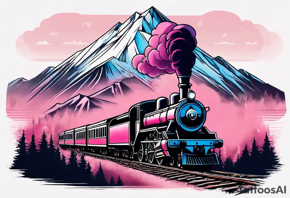 Mountain with steam train travelling down the mountain with pink horizon tattoo idea