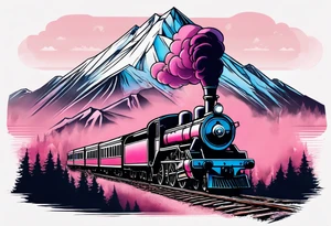 Mountain with steam train travelling down the mountain with pink horizon tattoo idea