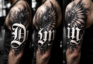 Dunning, Details include on left arm, name in white color,angel wing, wet jungle leaves,cool font, galaxy background filling, tattoo idea