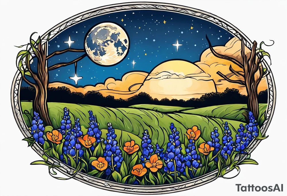 full moon with a lasso around it and stars in the background. Put the moon and stars over a field of bluebonnets tattoo idea