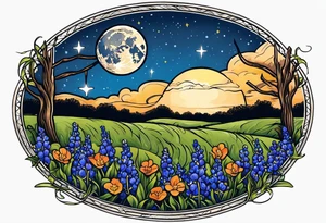 full moon with a lasso around it and stars in the background. Put the moon and stars over a field of bluebonnets tattoo idea