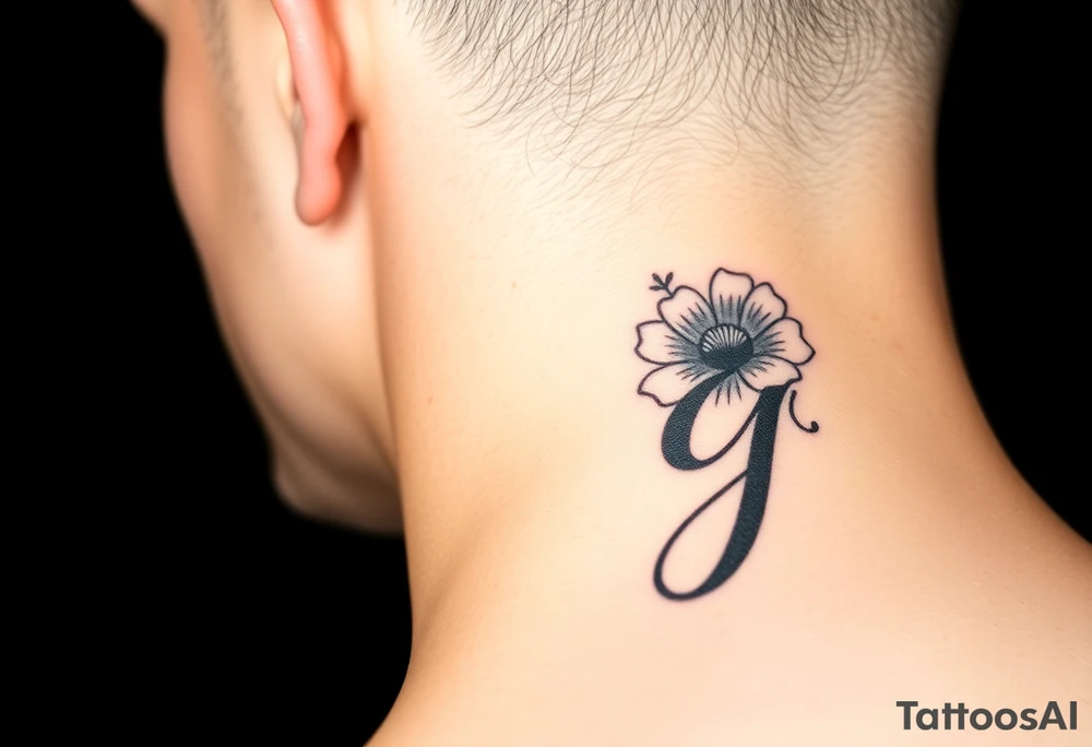 Initial g in cursive added into the October birth flower (marigold) small dainty behind the ear tattoo idea