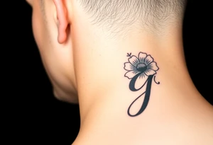 Initial g in cursive added into the October birth flower (marigold) small dainty behind the ear tattoo idea
