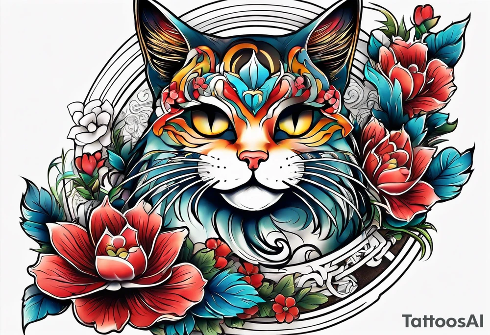 Beckoning cat with other Japanese elements tattoo idea