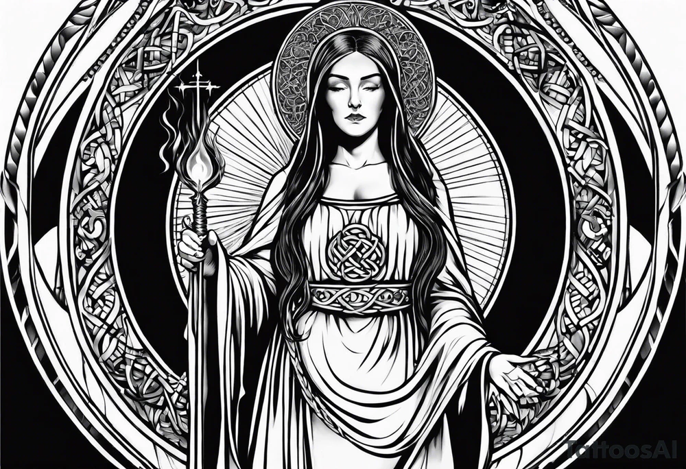 A full back piece themed on the surname mcbride and the irish saint brigid. It should take inspiration from artwork of saint brigid holding fire in her hands. It should have the text Vincit Pericula Virtus on it tattoo idea