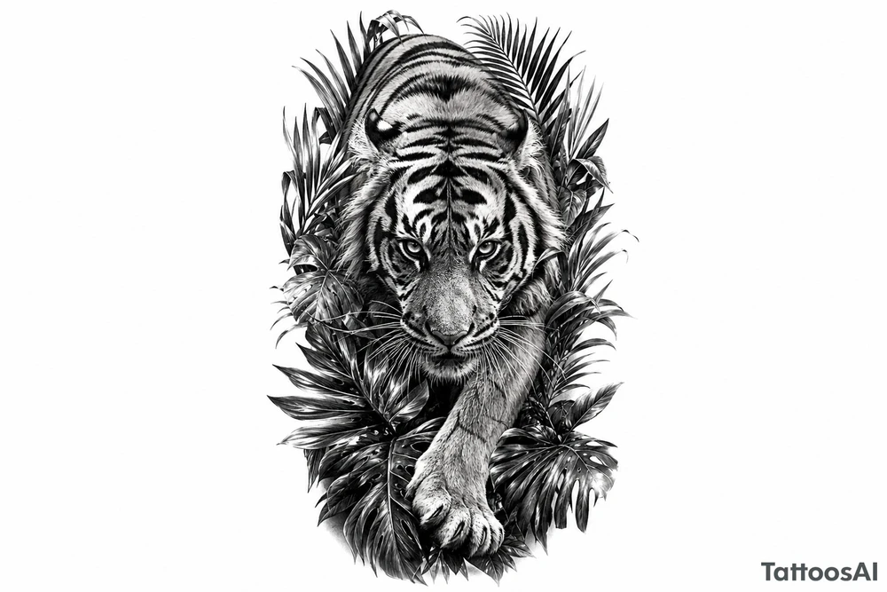 Tiger emerging from dense jungle foliage, low angle shot, hyperrealism. tattoo idea
