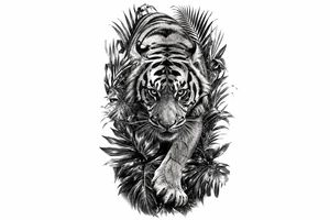 Tiger emerging from dense jungle foliage, low angle shot, hyperrealism. tattoo idea
