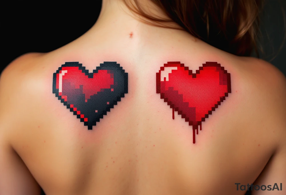 A black-and-red pixel heart duo for gamer couples, each missing half the pixels. tattoo idea