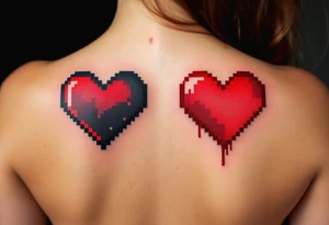 A black-and-red pixel heart duo for gamer couples, each missing half the pixels. tattoo idea