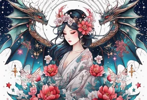 Constellation, wing , snow , cross , dragon female japan kawaii , flower tattoo idea