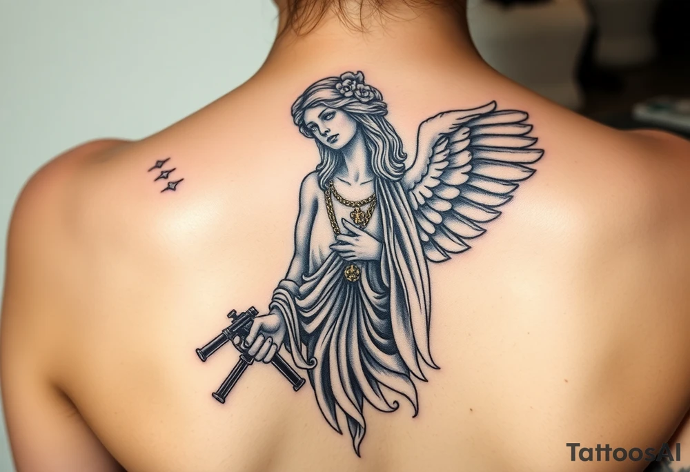 old angel statue in criminal style, tattooed and at the same time contemporary, weapons in hand, gangster-style gold necklaces tattoo idea