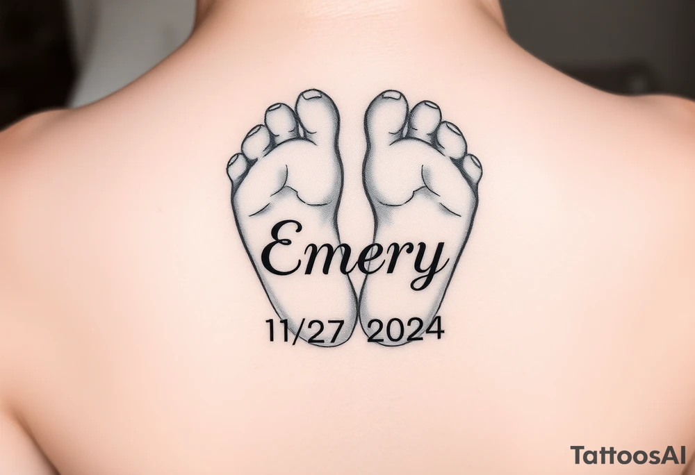 Baby feet with the name Emery and his date of birth in Roman numbers 11/27/2024 and his weight 5 pounds 12 ounces tattoo idea