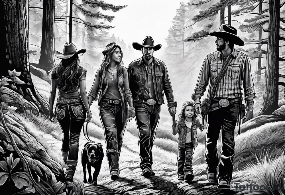 A man in cowboy hat with his family hiking through the Forrest. Add Mexican American tone tattoo idea
