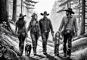 A man in cowboy hat with his family hiking through the Forrest. Add Mexican American tone tattoo idea