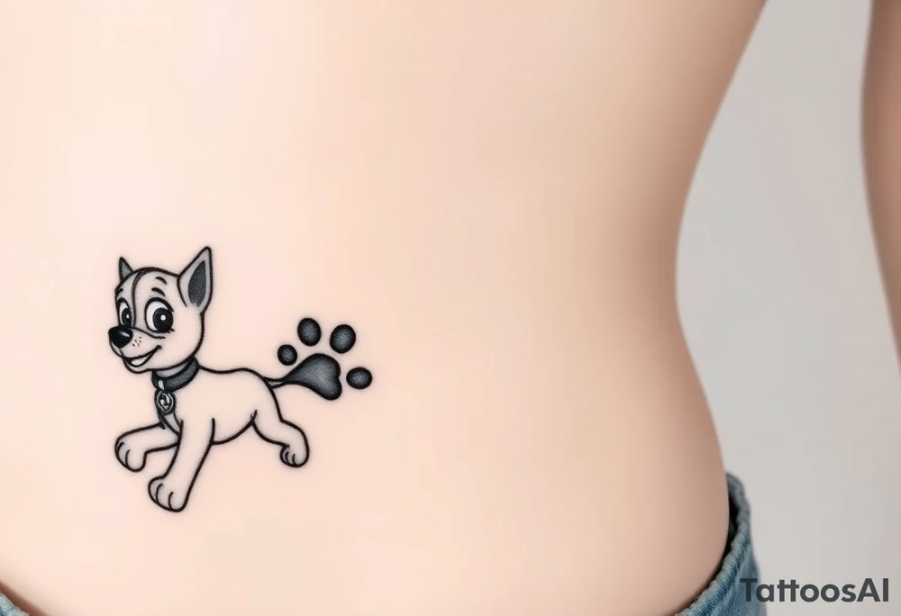 Walking away Paw Patrol member leaving a realistic textured paw print behind him. tattoo idea