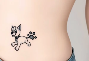 Walking away Paw Patrol member leaving a realistic textured paw print behind him. tattoo idea