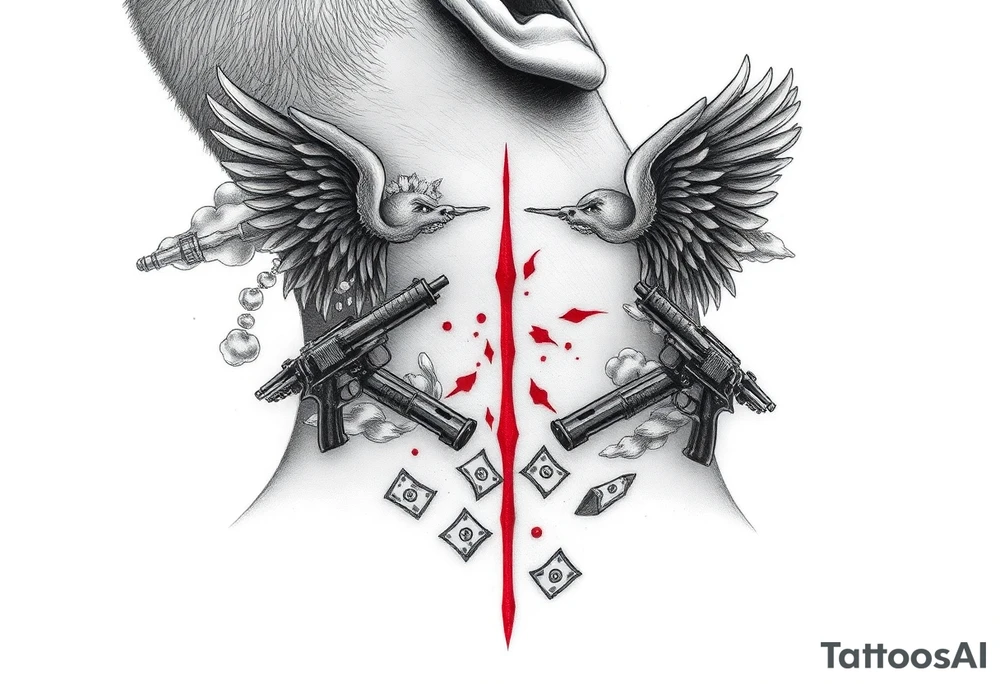 deepfull description of details with clouds,fire guns, money,angels and red for the side of neck tattoo idea