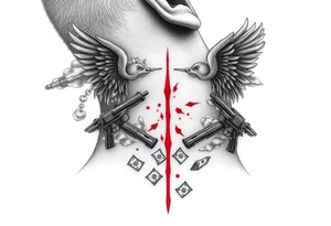 deepfull description of details with clouds,fire guns, money,angels and red for the side of neck tattoo idea