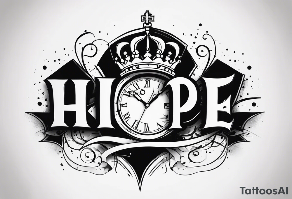 H.o.p.e lettering made with broken clock and king crown tattoo idea