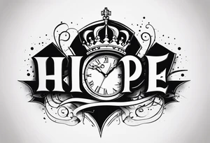 H.o.p.e lettering made with broken clock and king crown tattoo idea