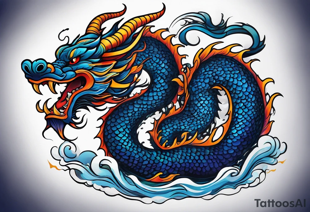 An epic floating asian dragon. Its long body coiling dynamically, with scales and horns detailed to create a sense of movement and strength. The dragon's main color is midnight blue, giving a vibrant depth and a mystical aura. This tattoo highlights the dragon’s fierce expression and sharp claws. tattoo idea