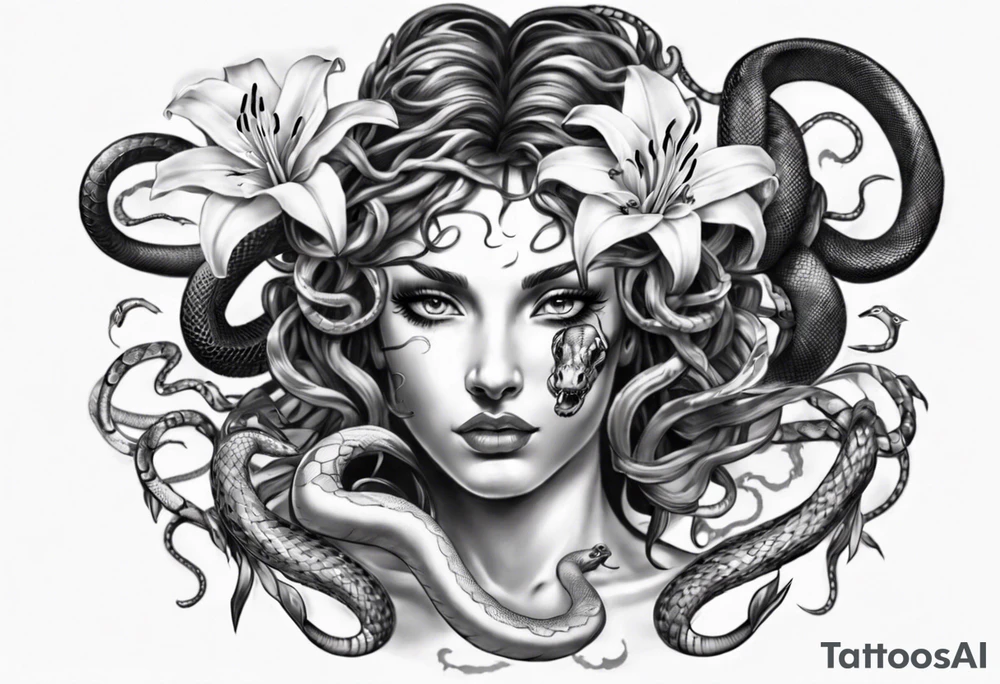 Medusa with white pupils and snake hair. Lilies tattoo idea