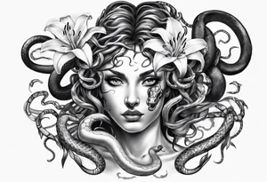 Medusa with white pupils and snake hair. Lilies tattoo idea