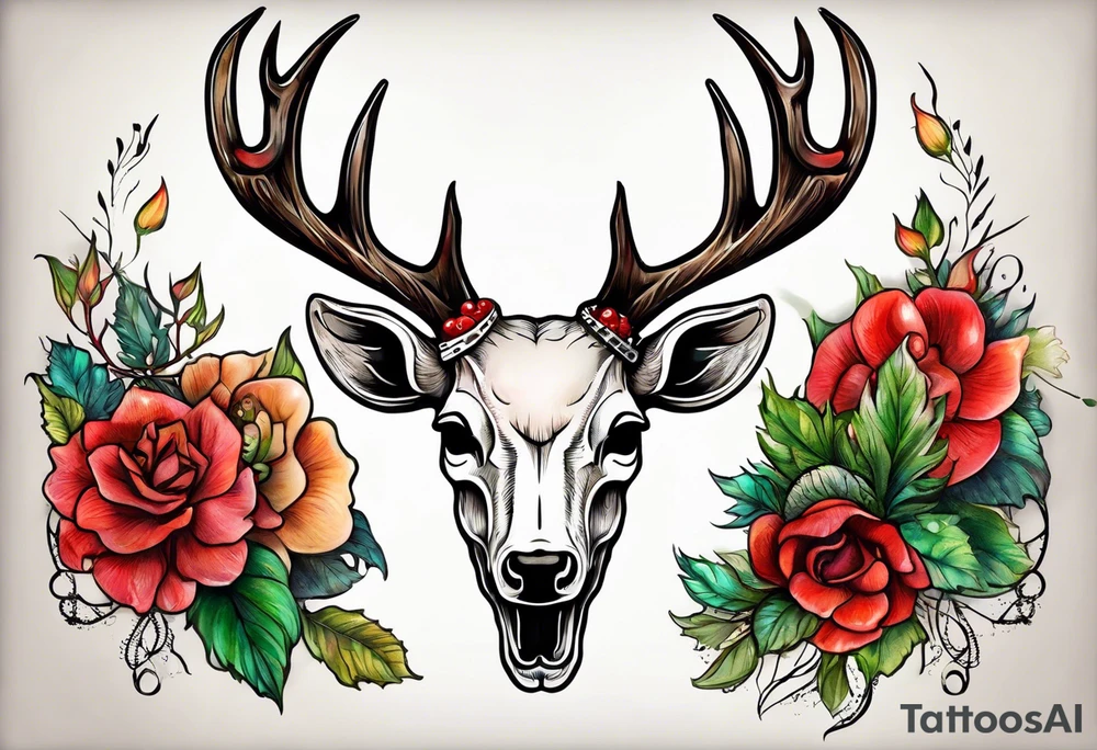 A deer skull. The astrological sign for Aries and Taurus hanging from the antlers. There should be some strawberry imagery in it also. tattoo idea