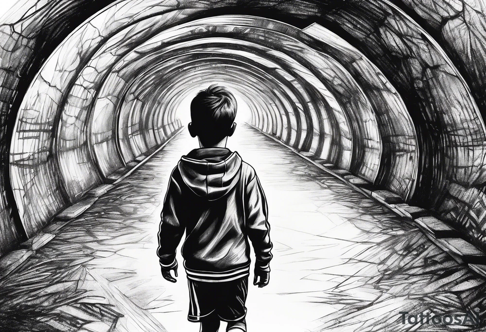 Young boy walking through tunnel onto a football pitch tattoo idea