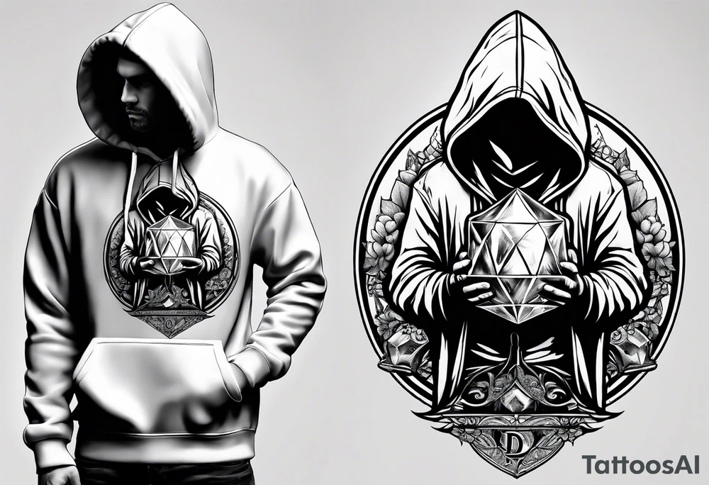 hooded figure holding a d20 tattoo idea