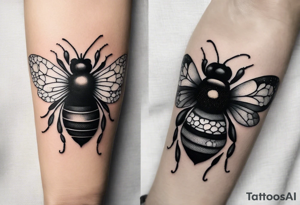 Small tattoo. There’s a hydrangea and a bee but they are not touching. Make the bee smaller than the hydrangea and have the bee off to the side. tattoo idea