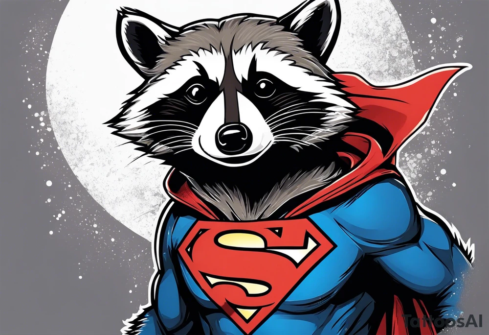 raccoon wearing a Superman hoodie tattoo idea