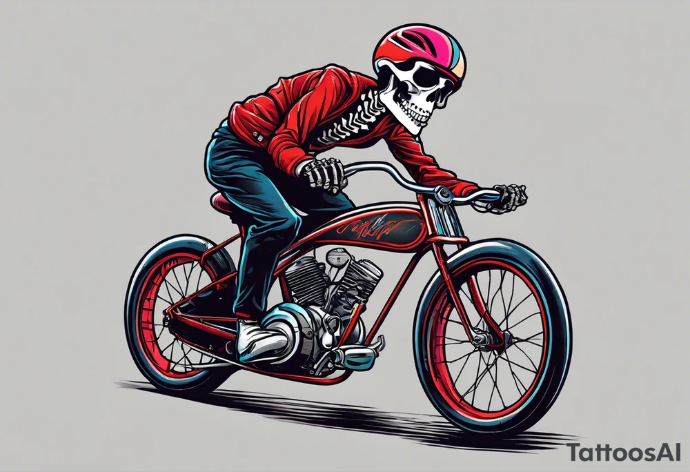 Skeleton rides a racing bicycle. It is wearing a 1980s style uniform. There is no background image tattoo idea