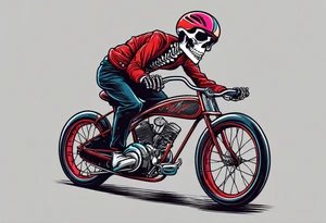 Skeleton rides a racing bicycle. It is wearing a 1980s style uniform. There is no background image tattoo idea