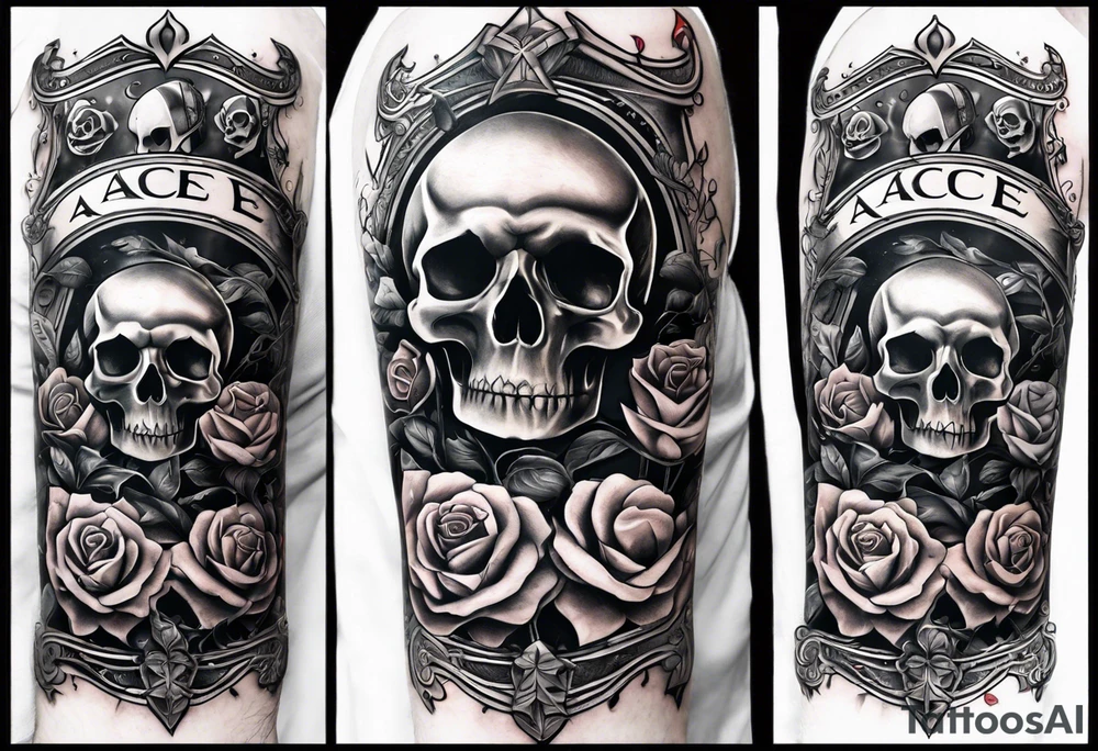 Full arm sleeve incorporating the four aces in a deck of cards, skulls, daggers, roses, thorns and the names: Ace, Willow, and Rider. Background is smoke. tattoo idea