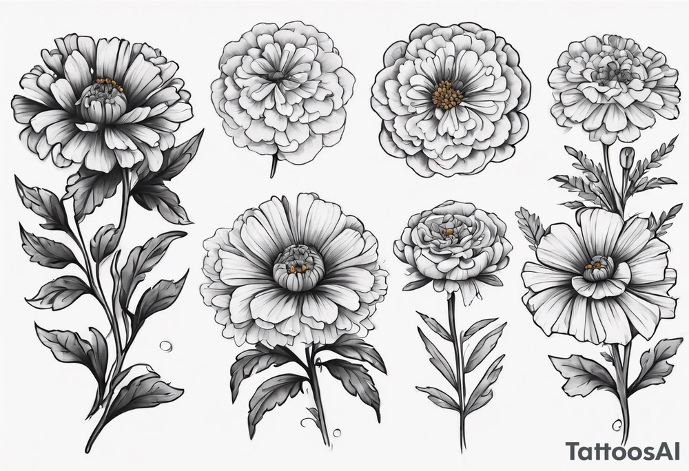 a sleeve tattoo of Marigold flowers, tattoo idea