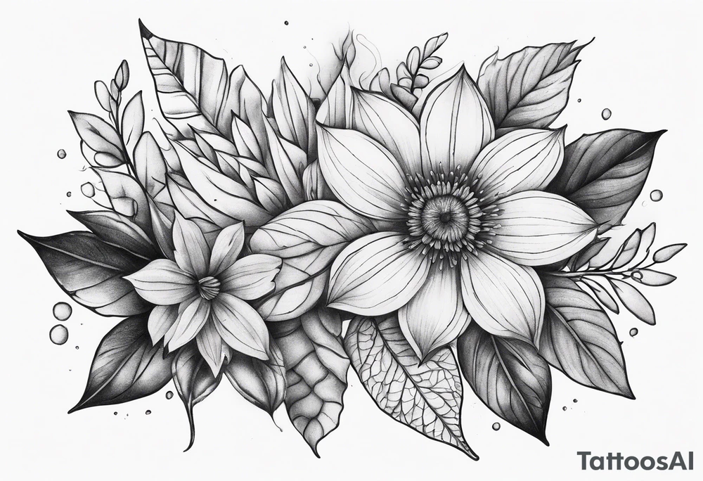 Front knee tattoo with fall colors, flowers, leaves, water tattoo idea