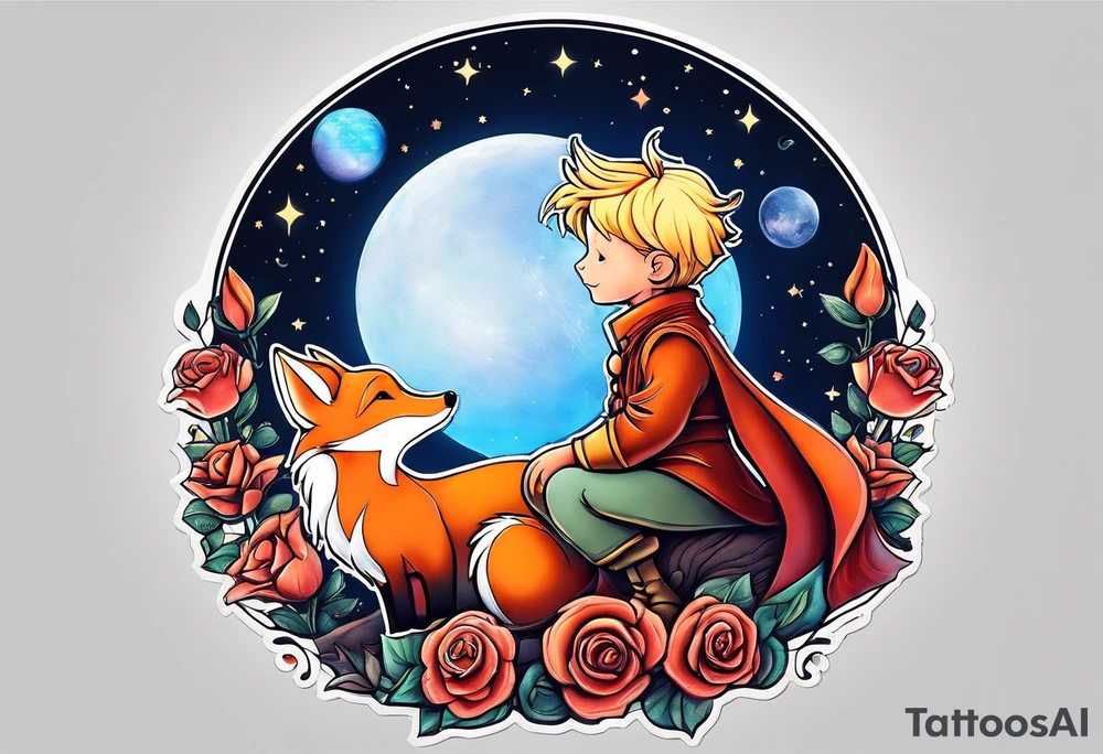 The Little prince sitting on his planet toghether with the fox on his planet besides his rose. Both are watching into the sky tattoo idea