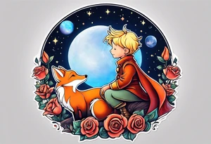 The Little prince sitting on his planet toghether with the fox on his planet besides his rose. Both are watching into the sky tattoo idea