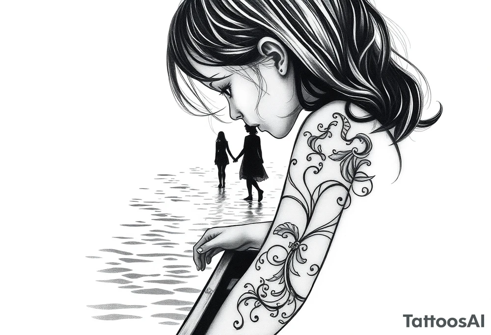 The silohette of a Little girl leaning over a boat hand outreached  in. The rippling  water the fades into a scene of the daughter and father holding hands walking into distanc tattoo idea