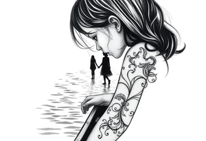 The silohette of a Little girl leaning over a boat hand outreached  in. The rippling  water the fades into a scene of the daughter and father holding hands walking into distanc tattoo idea